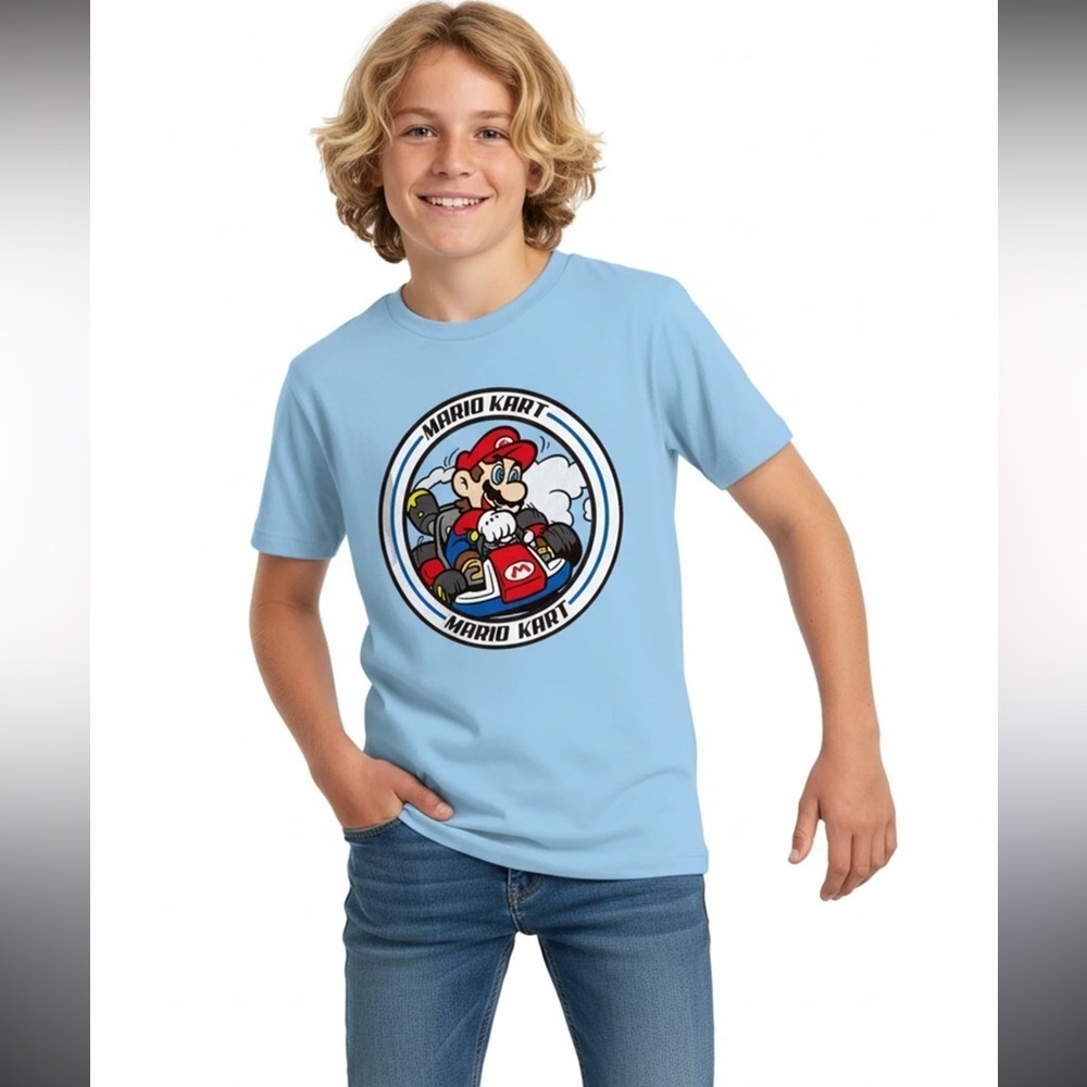Nintendo Boys Mario Kart Graphic T-Shirt Light Blue Youth Large L